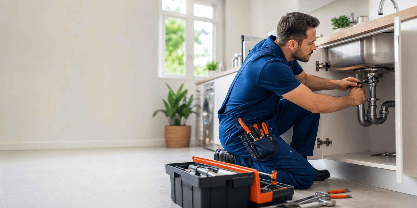 Professional plumber repairing pipework under a sink